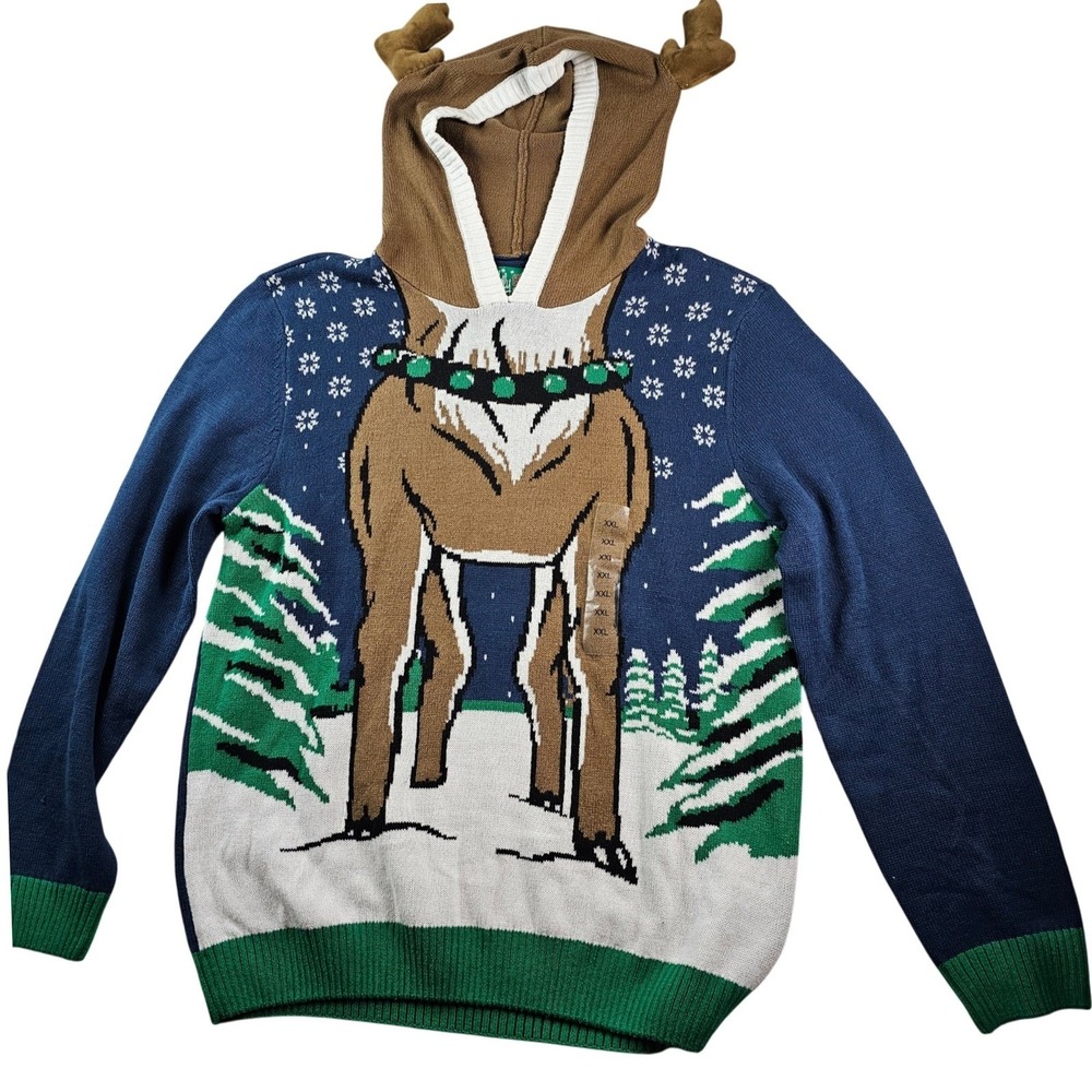 Ugly Christmas Sweater Hoodie Men's XXL Blue Brown Acrylic Knit Winter - Picture 2 of 11